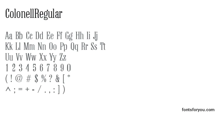 Czcionka ColonellRegular – alfabet, cyfry, specjalne znaki