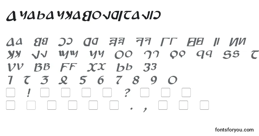 A fonte AnayankaBoldItalic – alfabeto, números, caracteres especiais