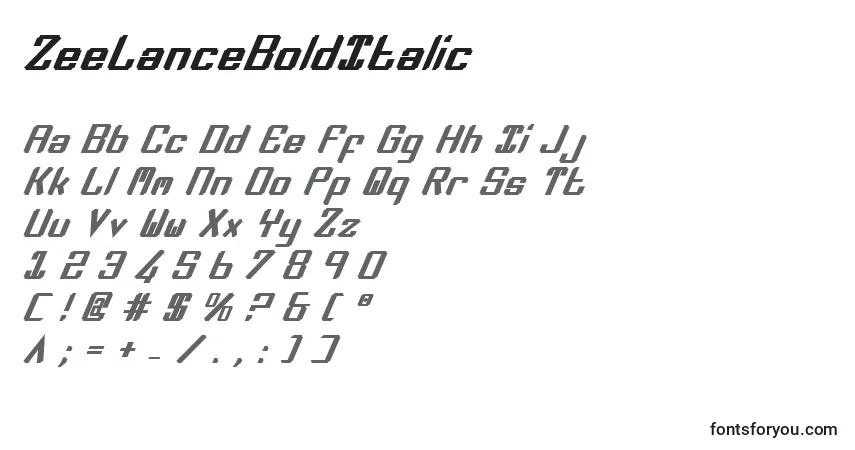 A fonte ZeeLanceBoldItalic – alfabeto, números, caracteres especiais