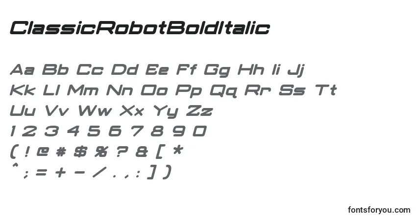 A fonte ClassicRobotBoldItalic (101504) – alfabeto, números, caracteres especiais