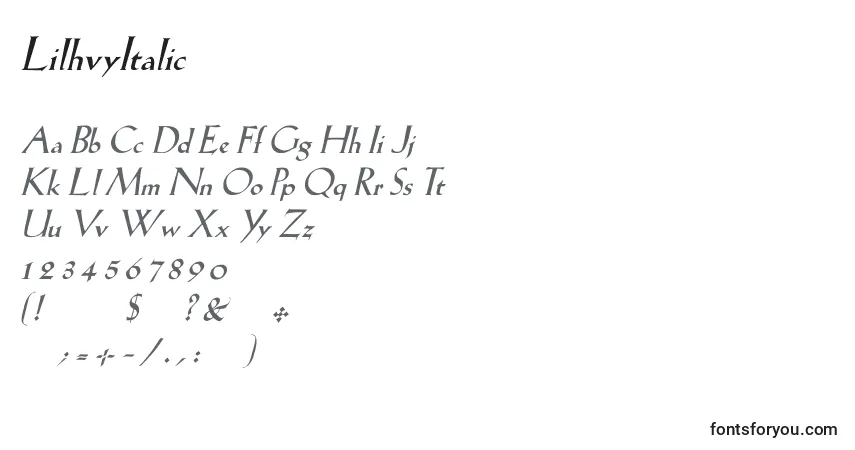 Шрифт LilhvyItalic – алфавит, цифры, специальные символы