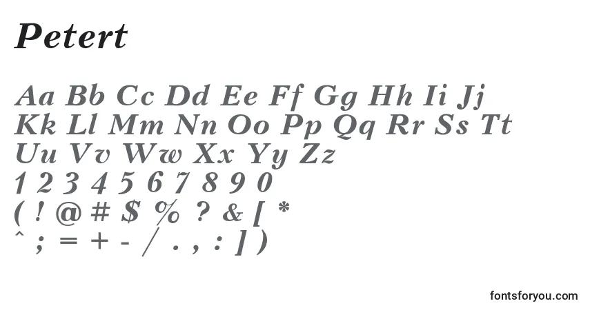 A fonte Petert – alfabeto, números, caracteres especiais