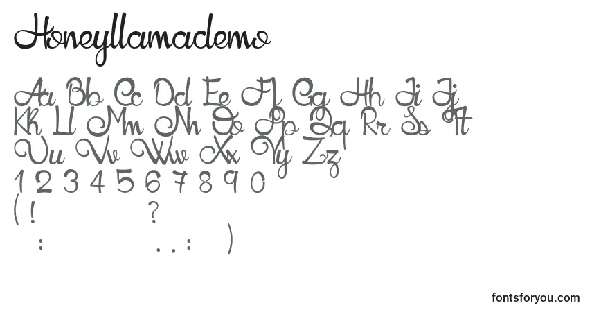 Czcionka Honeyllamademo – alfabet, cyfry, specjalne znaki
