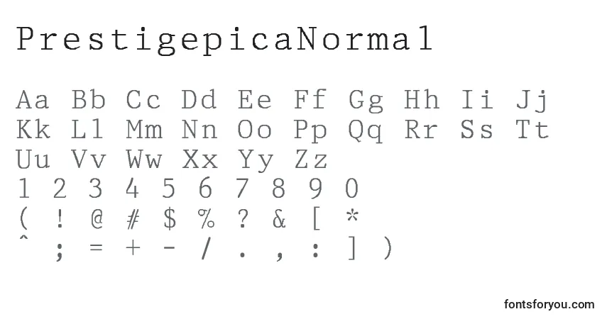 A fonte PrestigepicaNormal – alfabeto, números, caracteres especiais
