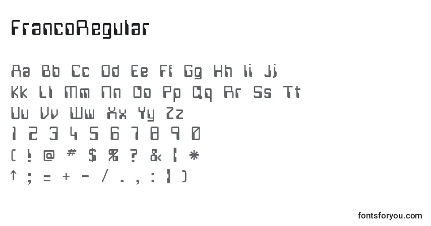 Шрифт FrancoRegular – алфавит, цифры, специальные символы