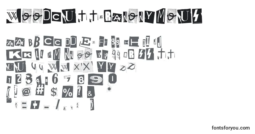 A fonte WoodcutterAnonymous – alfabeto, números, caracteres especiais