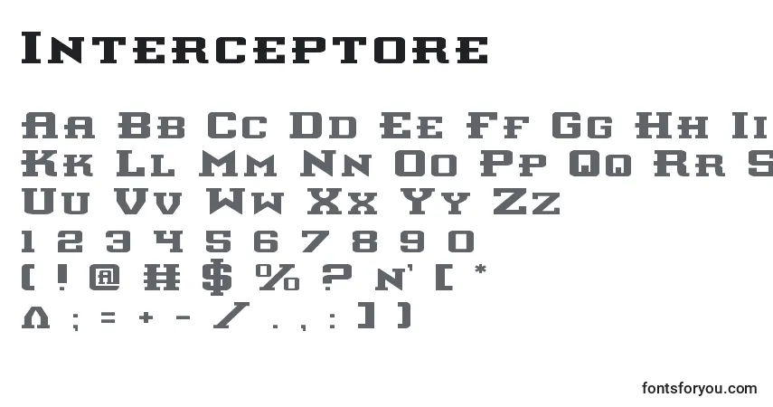 Czcionka Interceptore – alfabet, cyfry, specjalne znaki