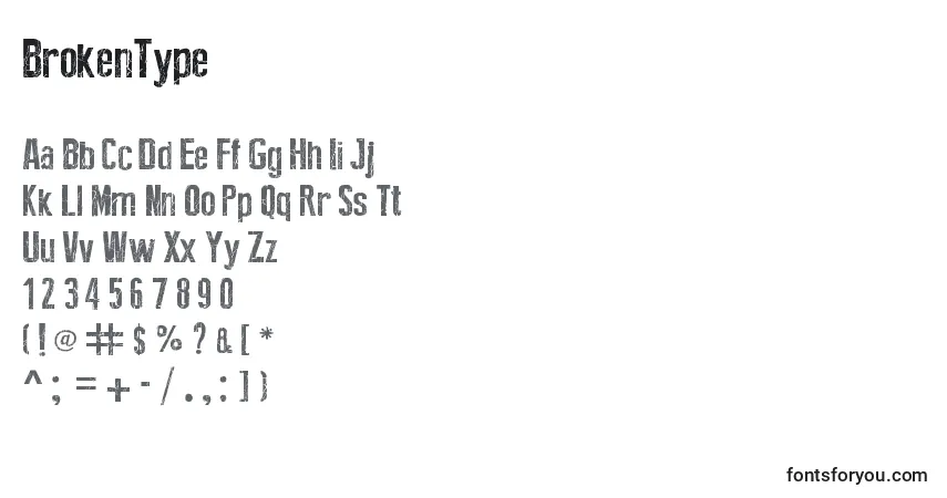 Fuente BrokenType - alfabeto, números, caracteres especiales
