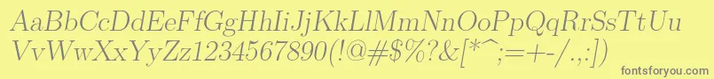 Lmromanslant17Regular-fontti – harmaat kirjasimet keltaisella taustalla