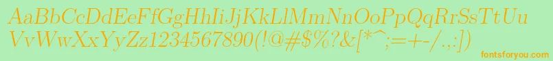 フォントLmromanslant17Regular – オレンジの文字が緑の背景にあります。