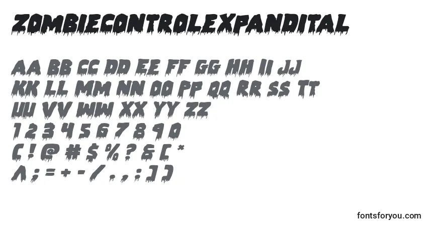 Czcionka Zombiecontrolexpandital – alfabet, cyfry, specjalne znaki