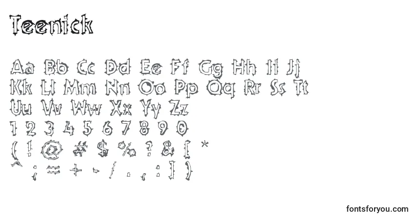 Czcionka Teenick – alfabet, cyfry, specjalne znaki