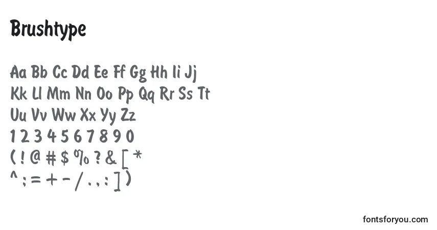 Czcionka Brushtype – alfabet, cyfry, specjalne znaki