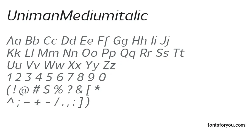 Шрифт UnimanMediumitalic – алфавит, цифры, специальные символы