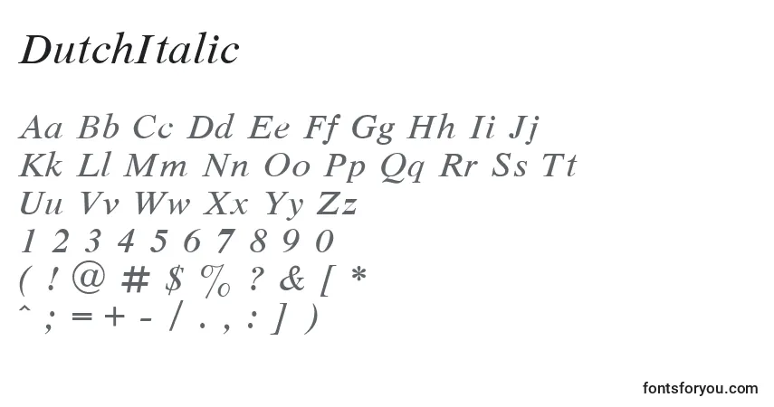Czcionka DutchItalic – alfabet, cyfry, specjalne znaki