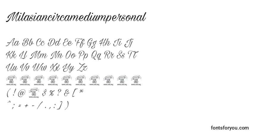 A fonte Milasiancircamediumpersonal – alfabeto, números, caracteres especiais