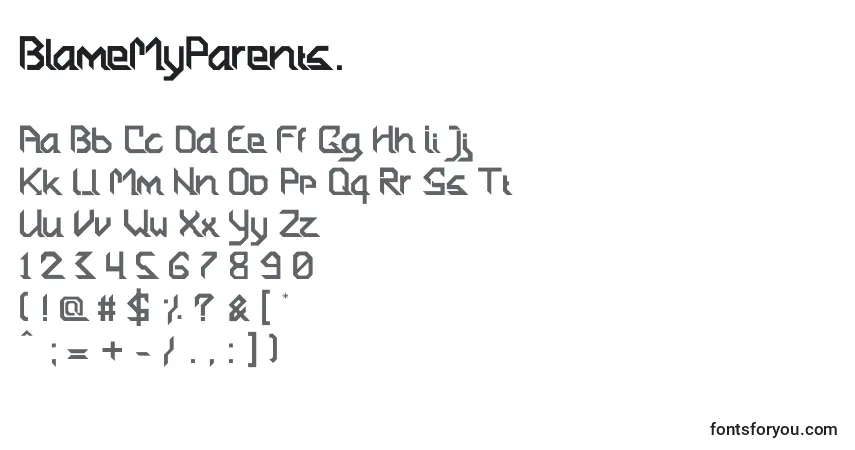 A fonte BlameMyParents. – alfabeto, números, caracteres especiais