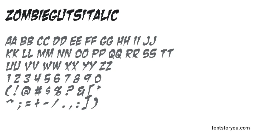Шрифт ZombieGutsItalic – алфавит, цифры, специальные символы