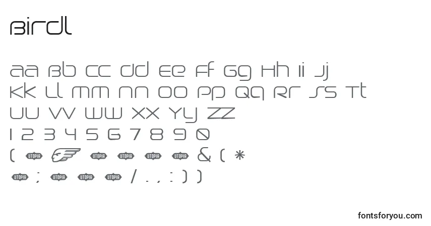A fonte Birdl – alfabeto, números, caracteres especiais