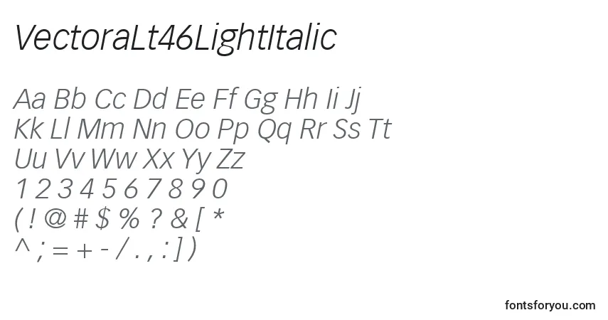 Czcionka VectoraLt46LightItalic – alfabet, cyfry, specjalne znaki