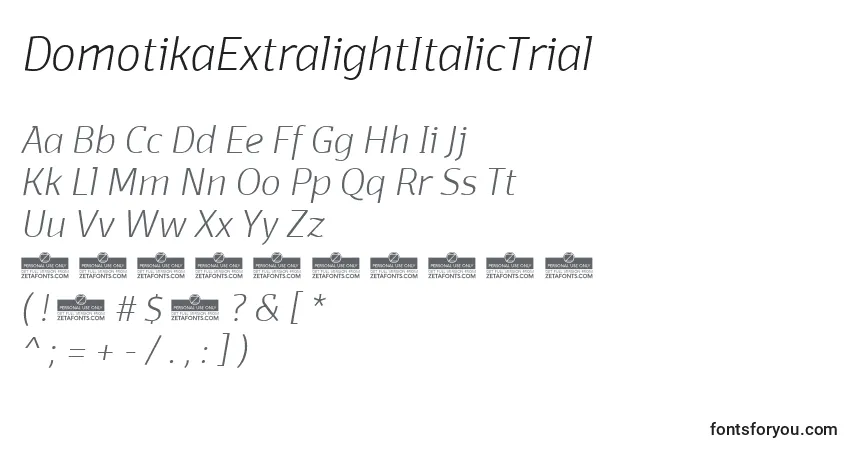Schriftart DomotikaExtralightItalicTrial – Alphabet, Zahlen, spezielle Symbole