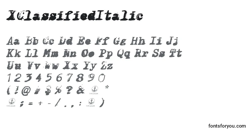 Czcionka XClassifiedItalic – alfabet, cyfry, specjalne znaki