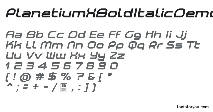 A fonte PlanetiumXBoldItalicDemo – alfabeto, números, caracteres especiais
