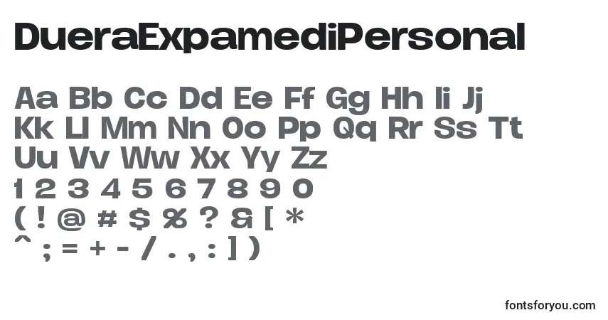 A fonte DueraExpamediPersonal – alfabeto, números, caracteres especiais