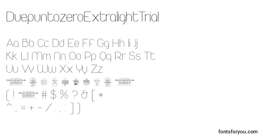 DuepuntozeroExtralightTrial-fontti – aakkoset, numerot, erikoismerkit