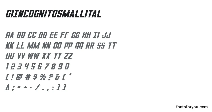Czcionka GiIncognitosmallital – alfabet, cyfry, specjalne znaki