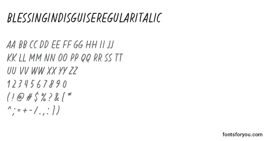 Czcionka BlessingInDisguiseRegularItalic – alfabet, cyfry, specjalne znaki