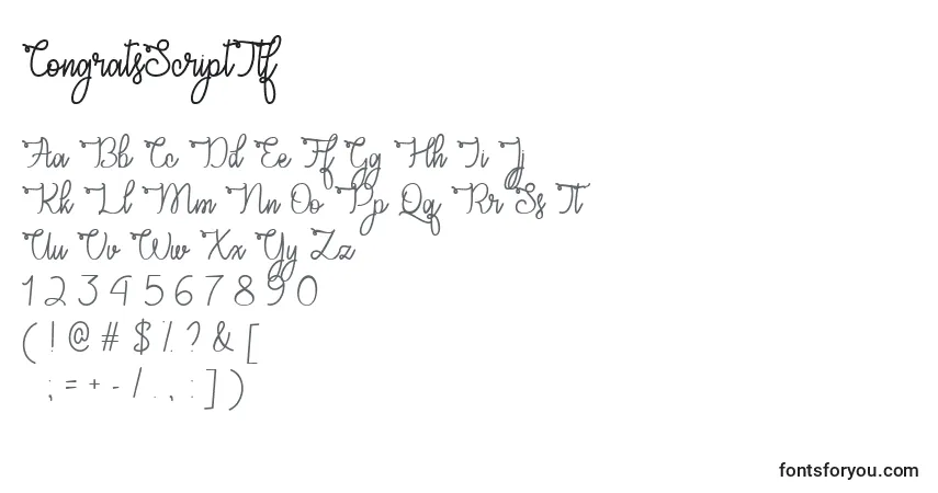 Czcionka CongratsScriptTtf – alfabet, cyfry, specjalne znaki