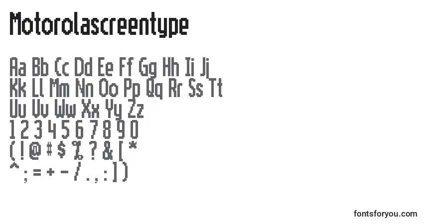 Schriftart Motorolascreentype – Alphabet, Zahlen, spezielle Symbole