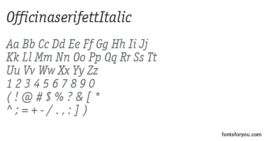 Schriftart OfficinaserifettItalic – Alphabet, Zahlen, spezielle Symbole