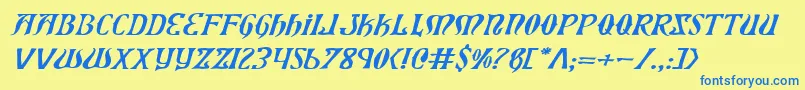 フォントXiphosExpandedItalic – 青い文字が黄色の背景にあります。