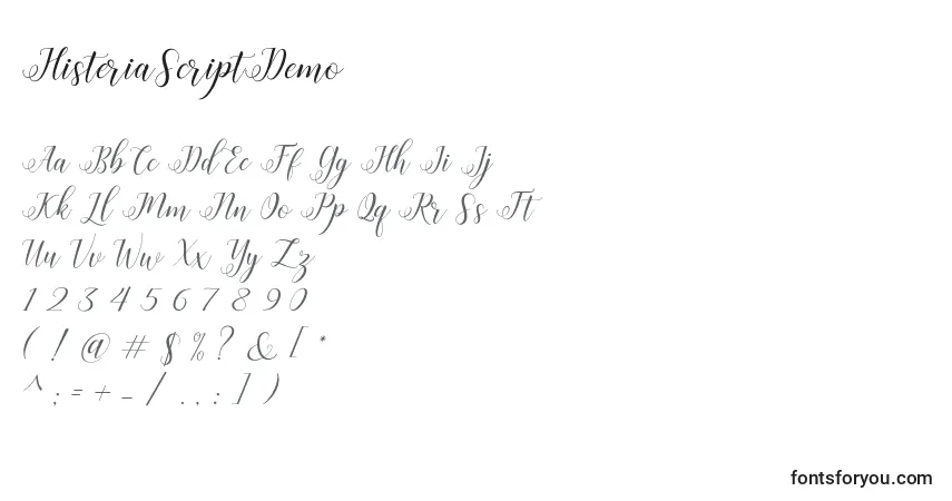 Шрифт HisteriaScriptDemo – алфавит, цифры, специальные символы