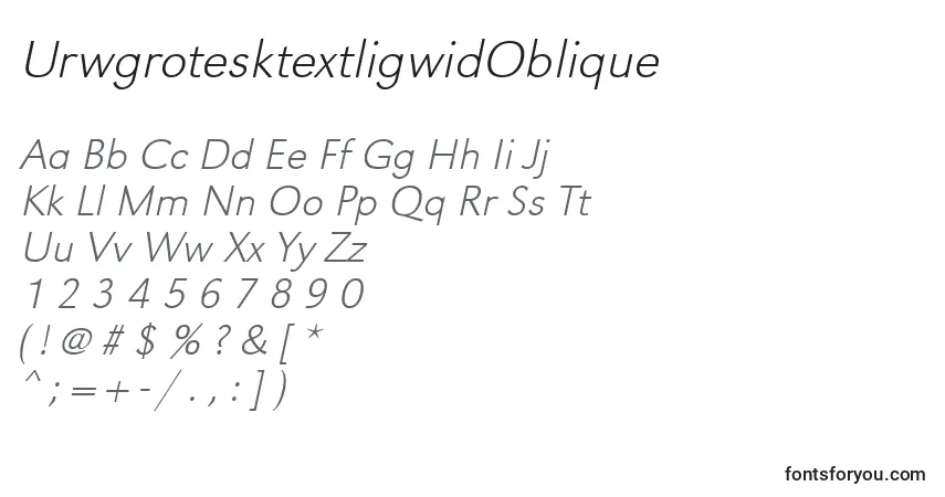 Шрифт UrwgrotesktextligwidOblique – алфавит, цифры, специальные символы