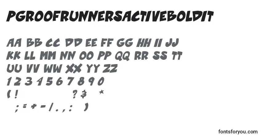 Шрифт PgRoofRunnersActiveBoldIt – алфавит, цифры, специальные символы
