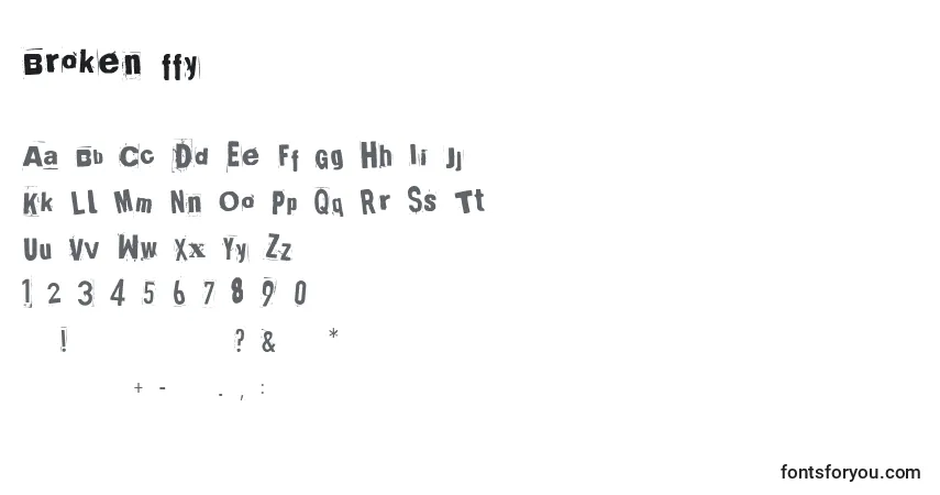 A fonte Broken ffy – alfabeto, números, caracteres especiais