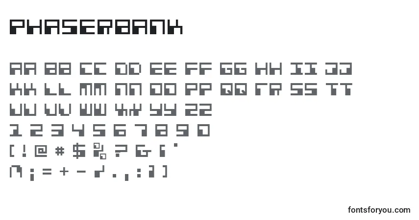 Schriftart Phaserbank – Alphabet, Zahlen, spezielle Symbole