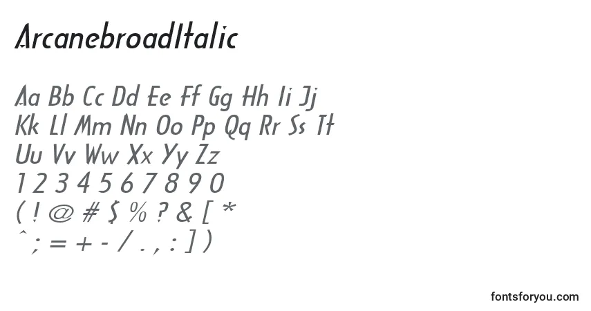 Czcionka ArcanebroadItalic – alfabet, cyfry, specjalne znaki