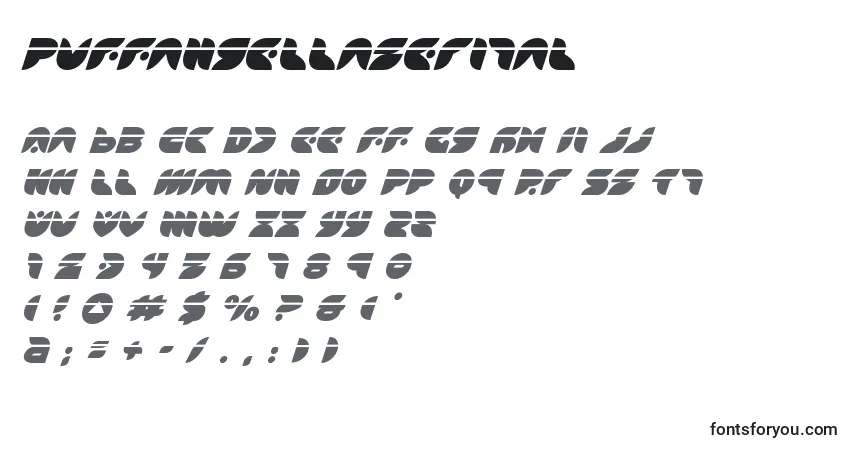 Schriftart Puffangellaserital – Alphabet, Zahlen, spezielle Symbole