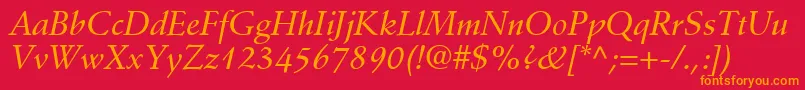 DeutchMediumSsiMediumItalic-Schriftart – Orangefarbene Schriften auf rotem Hintergrund