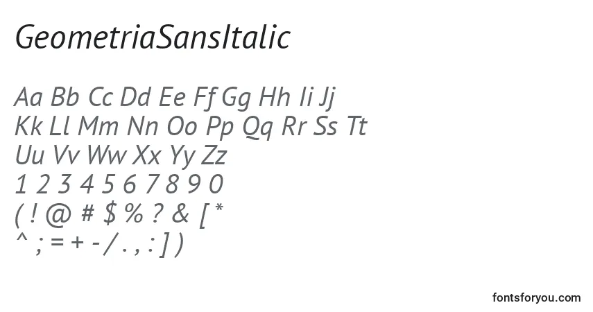 Шрифт GeometriaSansItalic – алфавит, цифры, специальные символы