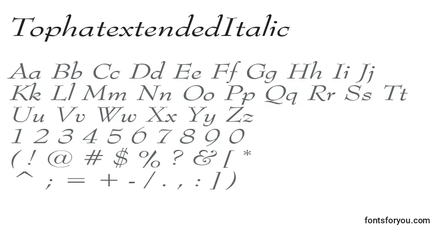 Schriftart TophatextendedItalic – Alphabet, Zahlen, spezielle Symbole