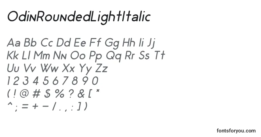 Czcionka OdinRoundedLightItalic – alfabet, cyfry, specjalne znaki