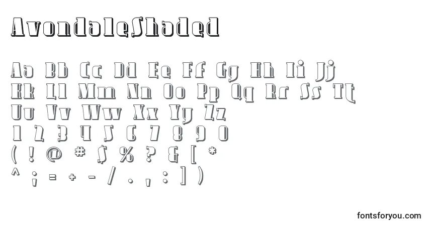 Czcionka AvondaleShaded – alfabet, cyfry, specjalne znaki