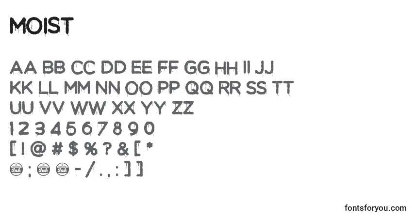 Schriftart Moist – Alphabet, Zahlen, spezielle Symbole
