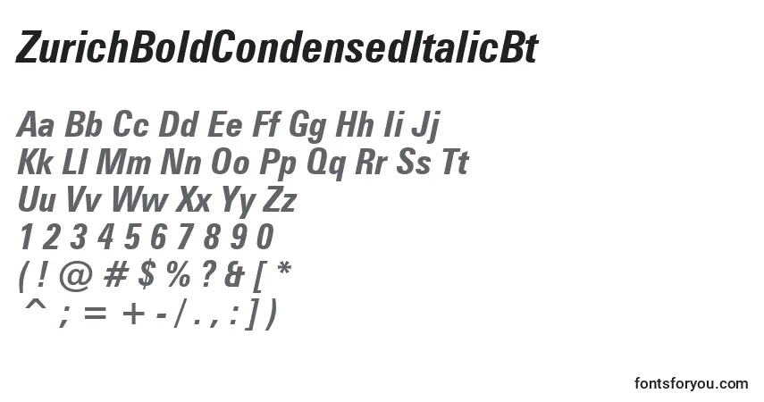 A fonte ZurichBoldCondensedItalicBt – alfabeto, números, caracteres especiais
