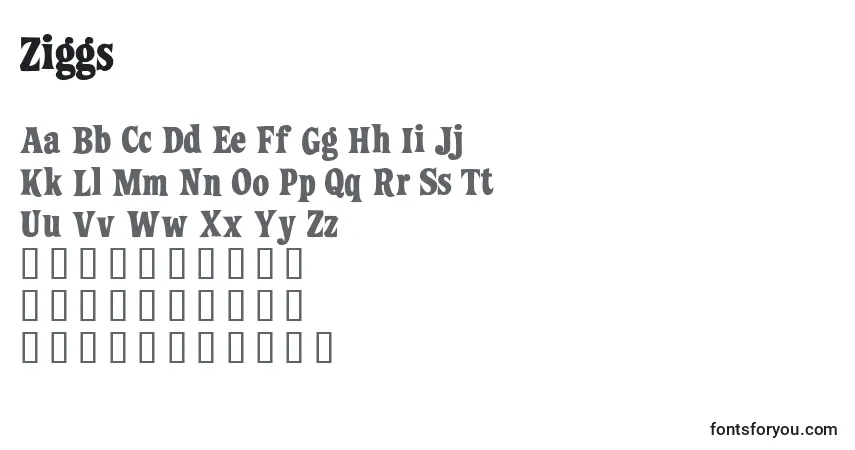 Schriftart Ziggs – Alphabet, Zahlen, spezielle Symbole